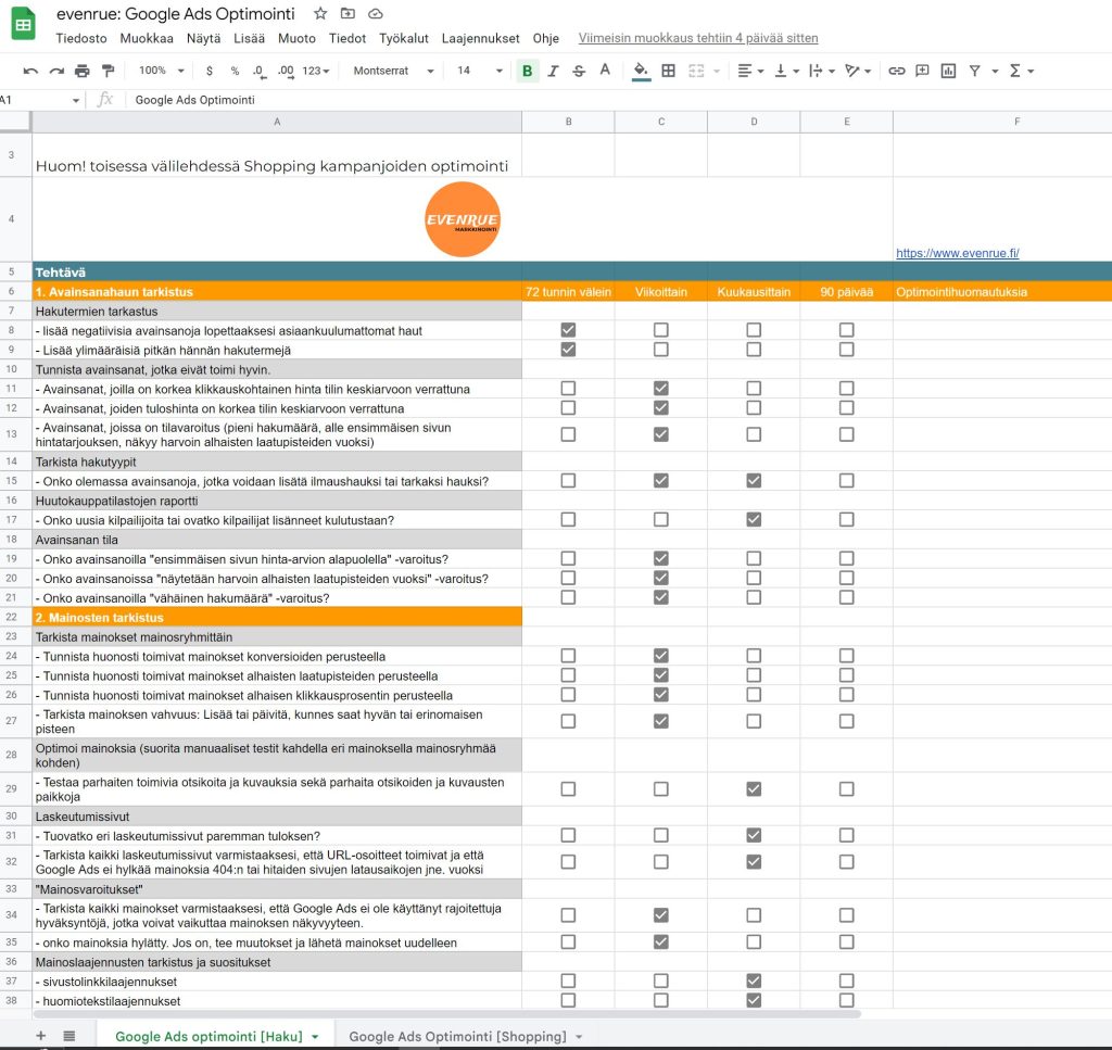 Google ads optimoinnin tarkistuslista
